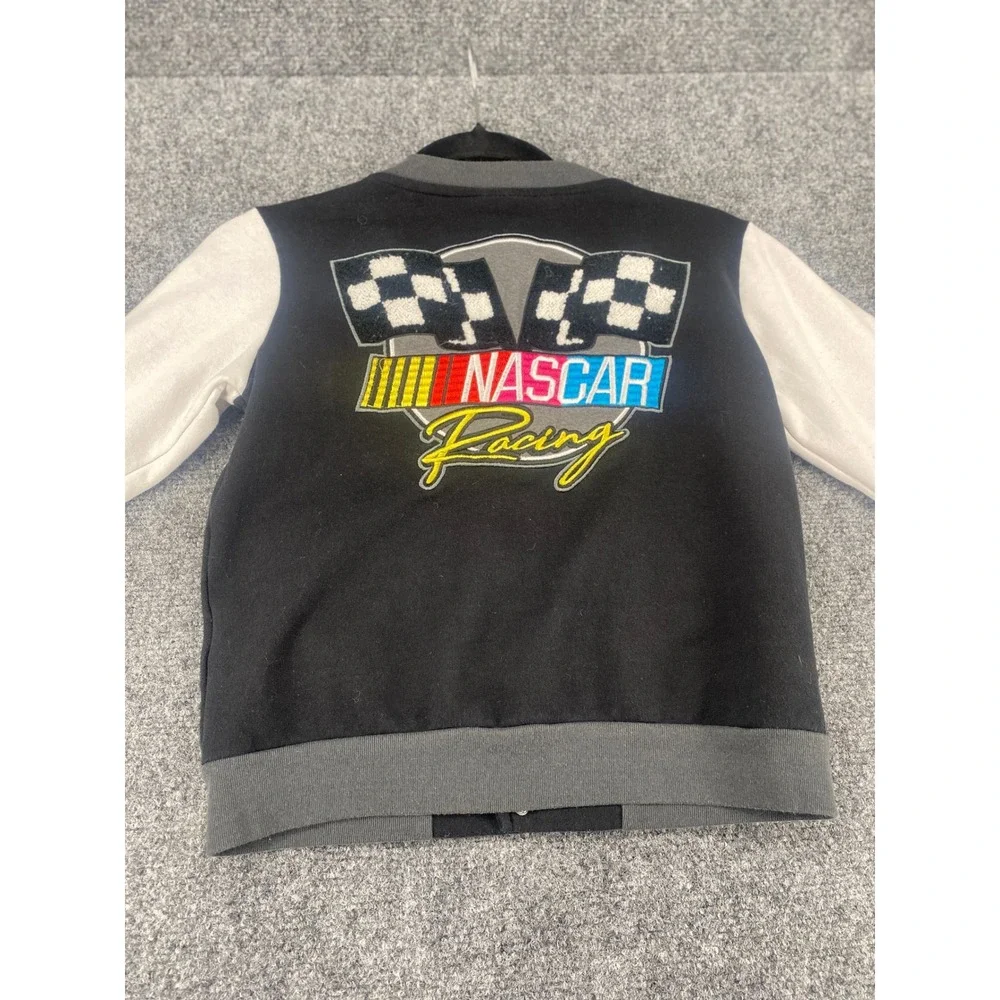NASCAR Racing Varsity Jacket Boys Medium 10/12 Black White Snap Front Fleece